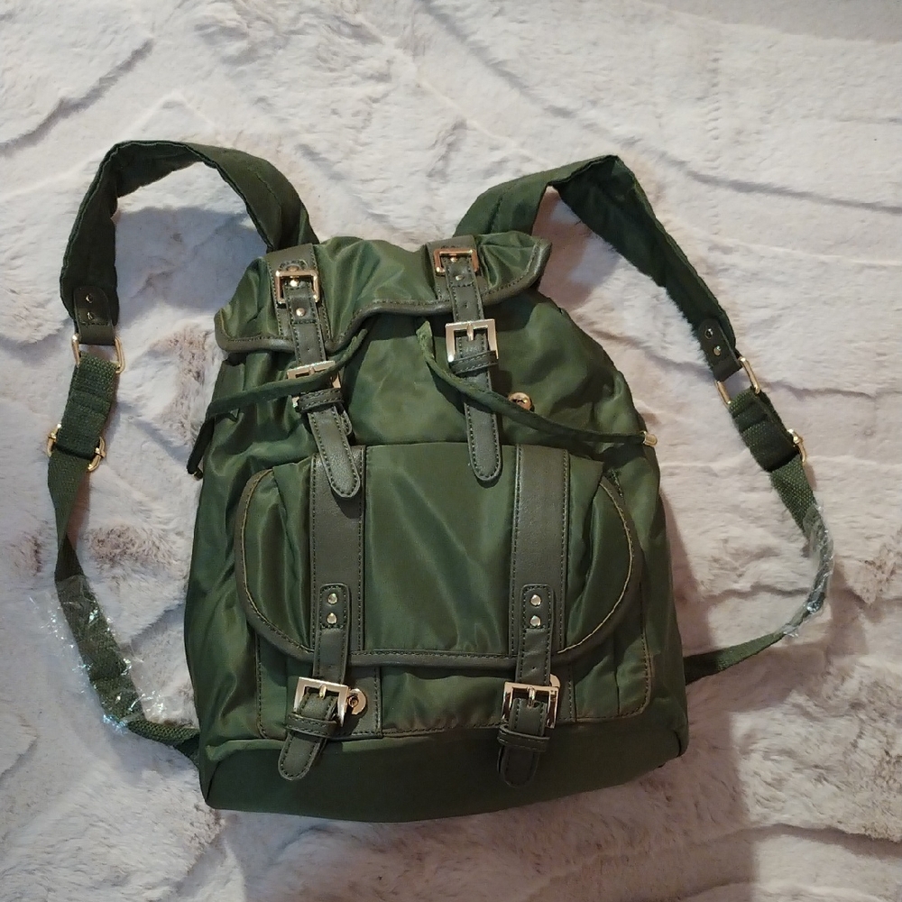 Green Nylon Backpack with Buckle Accents